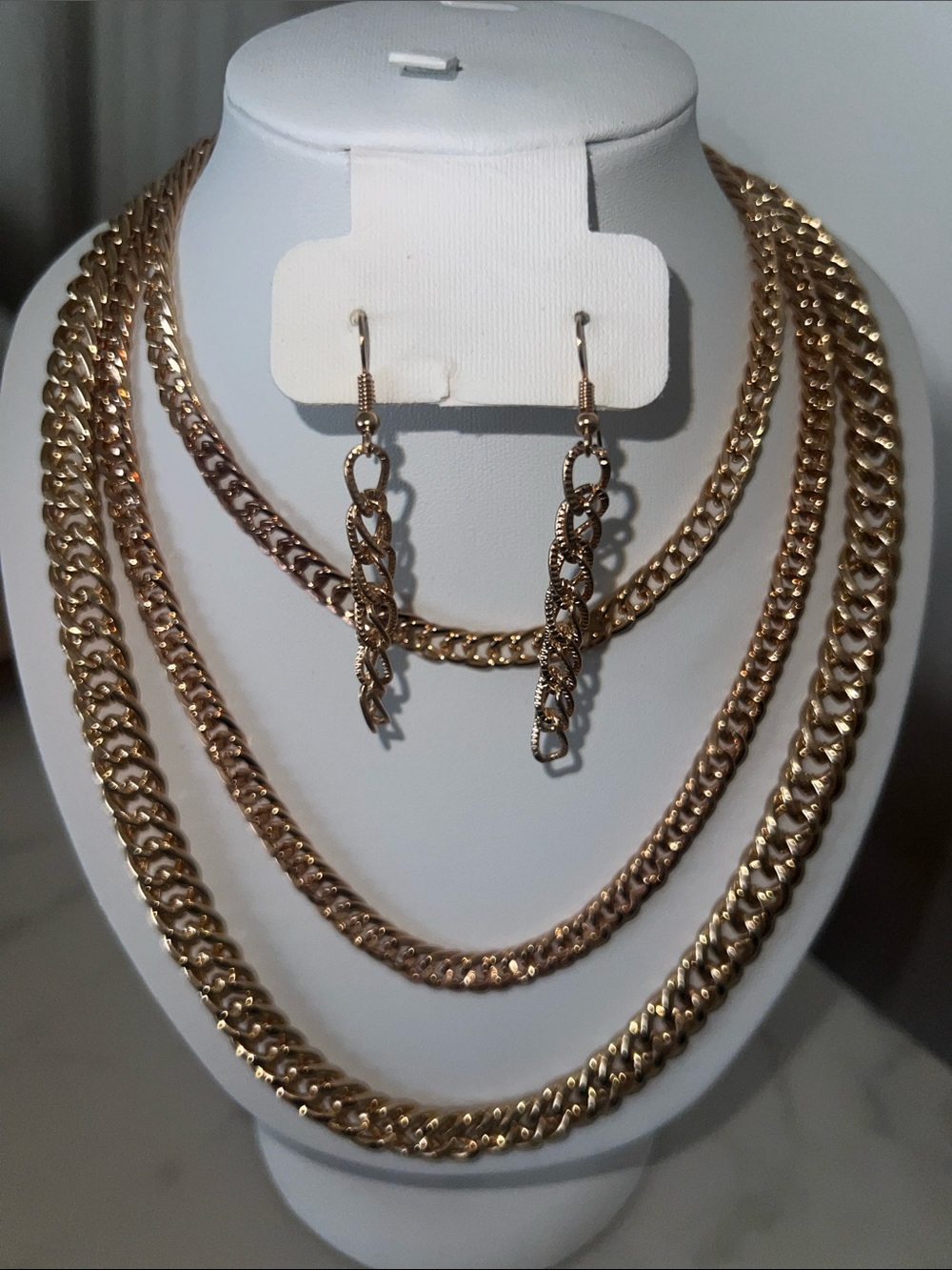 Gold-Tone Layered Chain Necklace and Drop Earrings Set